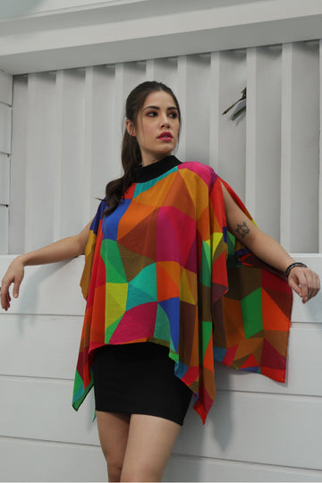 Multicolor Polygon High Neck Cape