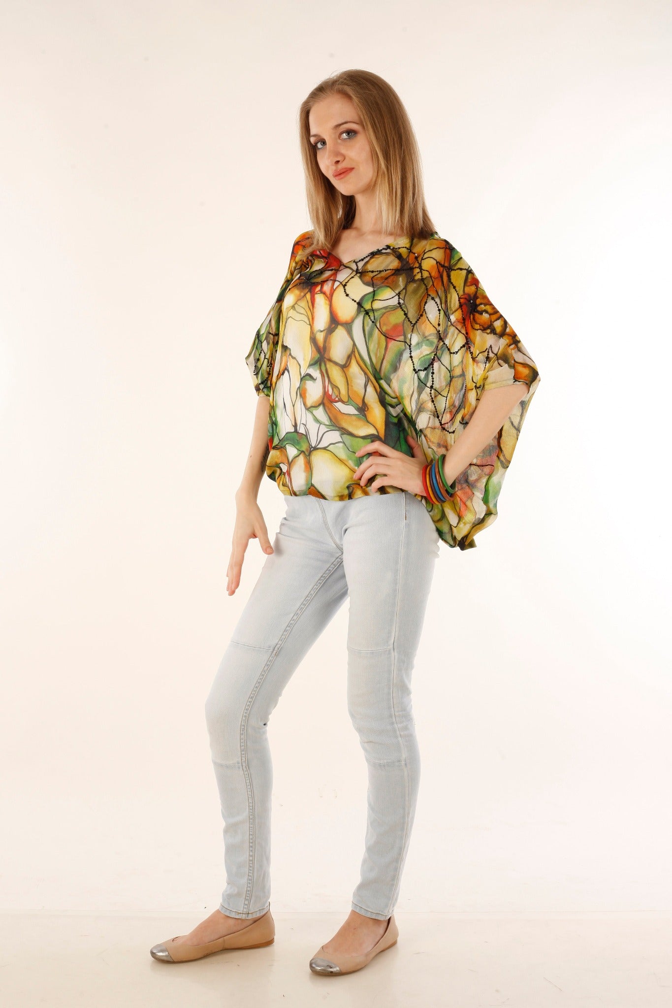 Bat-wing Floral Top with Sequined Embroidery - CHANGE!