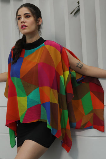 Multicolor Polygon High Neck Cape