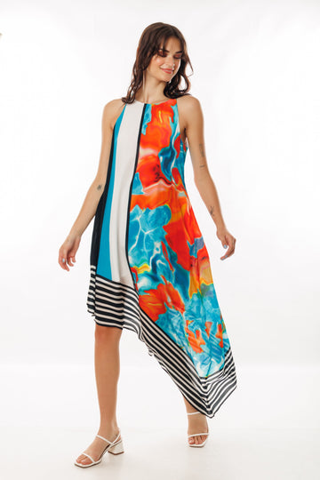 Aqua & Orange Abstract Asymmetric Dress