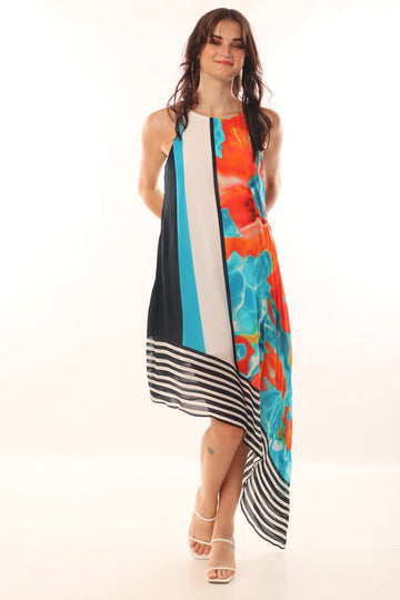 Aqua & Orange Abstract Asymmetric Dress